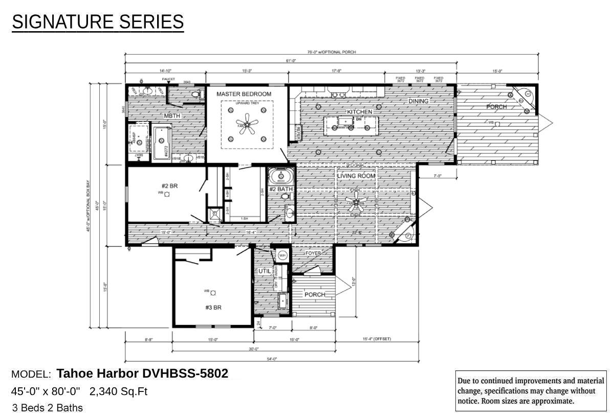 Floor plan of the Signature Series, model Tahoe Harbor DVHBSS-5802. Features 3 bedrooms, 2 baths, kitchen, dining, living room, and porches. Dimensions: 45x80 feet.