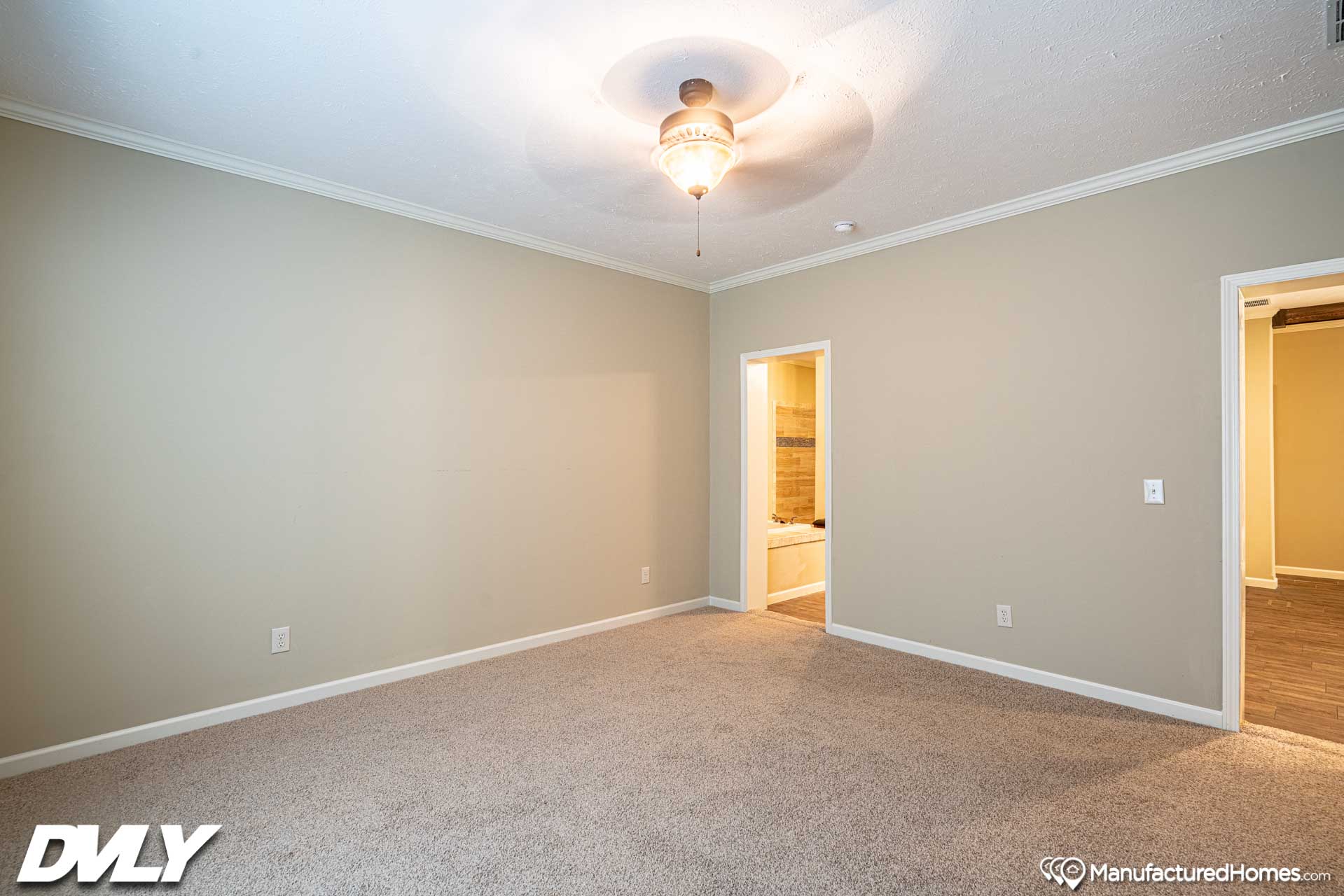 Empty beige room with carpeted floor, lit by a ceiling fan light. Two doorways lead to a bathroom and another room. Calm and neutral atmosphere.