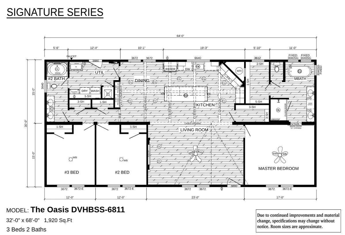 Floor plan of a 3-bedroom, 2-bath home. The layout includes a kitchen, dining area, living room, and utility space. Rooms are labeled for easy navigation.