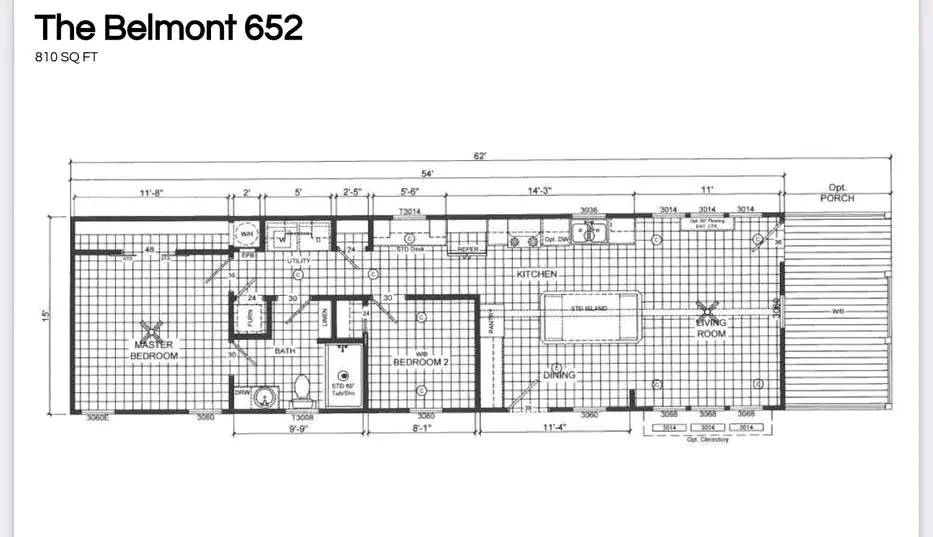 Floor plan titled "The Belmont 652," totaling 810 sq ft. It features a master bedroom, second bedroom, bath, kitchen, dining area, living room, and optional porch.