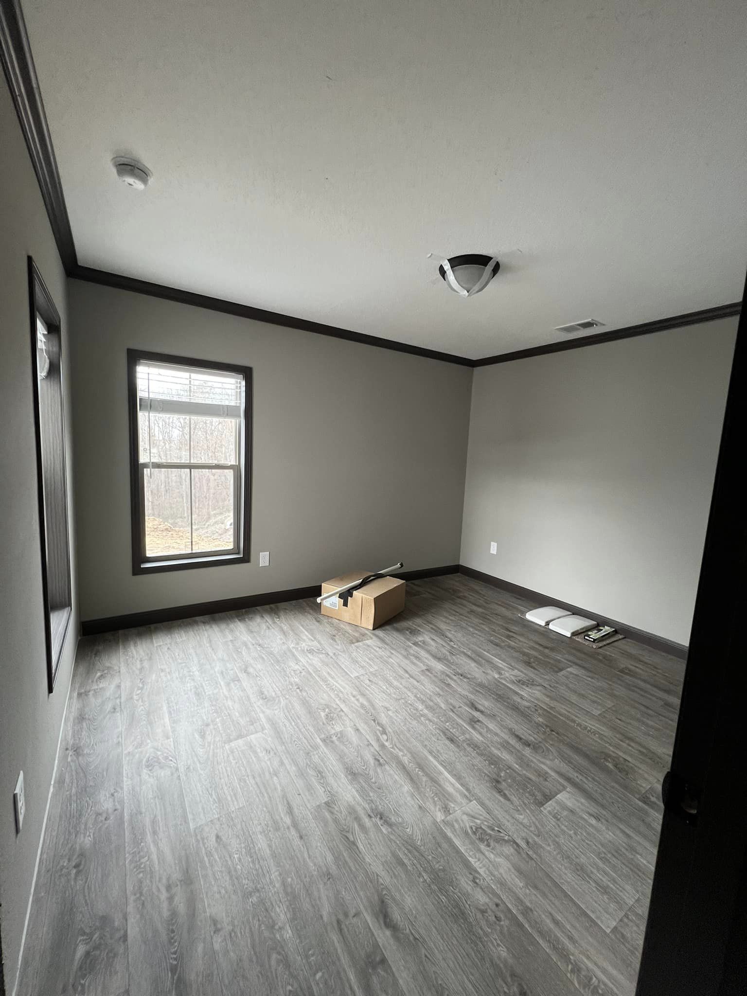 Empty room with gray walls and dark trim, wood-like flooring, a single window, and a small cardboard box on the floor. The atmosphere is minimalistic and neutral.