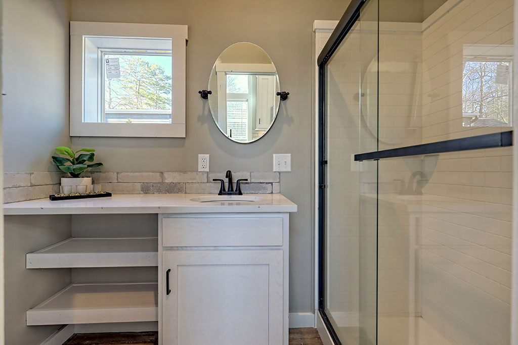 Modern bathroom with a frameless glass shower, oval mirror, and white vanity. Shelves hold a small potted plant. Sunlight pours through a window.
