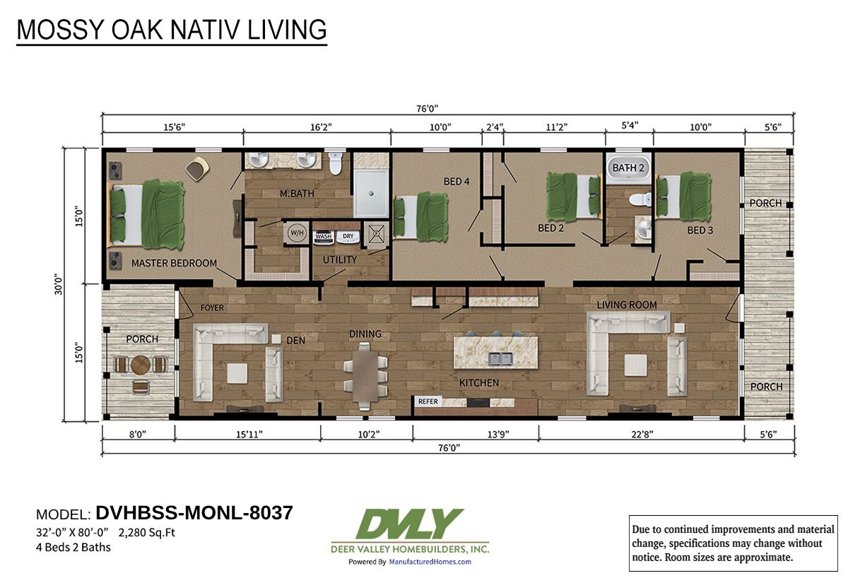 Floor plan of a home labeled "Mossy Oak Nativ Living," featuring 4 bedrooms, 2 baths, and a living room. Includes kitchen, dining, den, utility room, and porches.