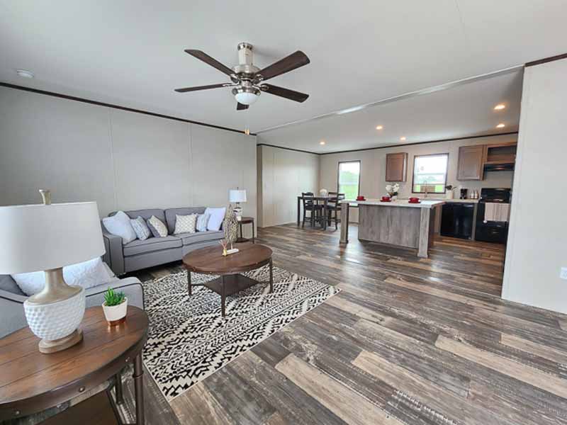 Open living room and kitchen with wood floors, gray sofa, and a patterned rug. Includes ceiling fan, modern furnishings, and natural light.