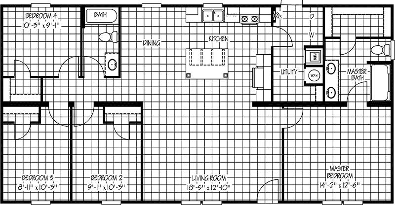 Floor plan of a house with five bedrooms, kitchen, dining, living room, two bathrooms, and utility room. Rooms are labeled with dimensions.