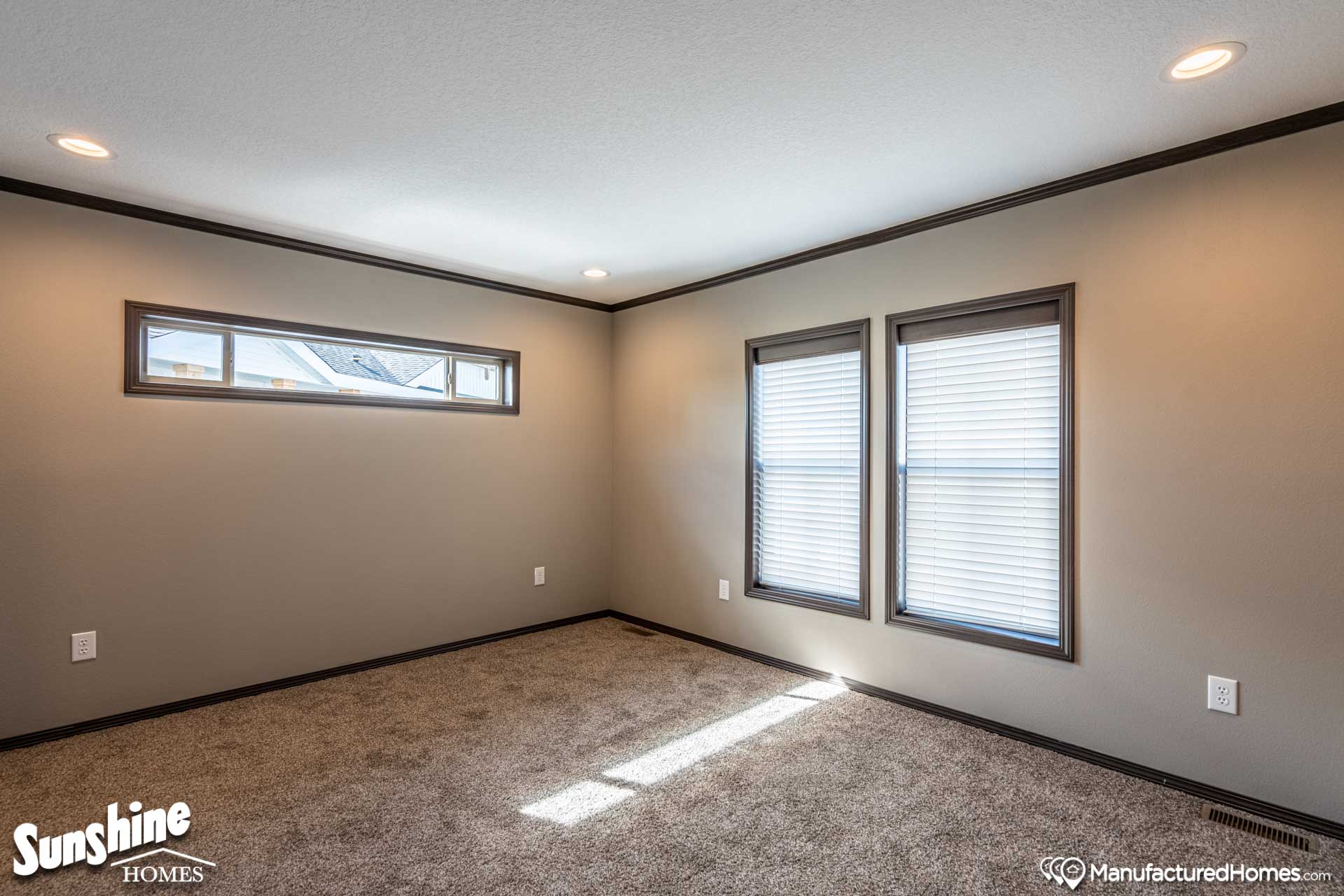 Empty room with beige walls, brown trim, and carpeted floor. Two tall windows with blinds on the right and a narrow window on the left wall. Bright, natural light enters, creating a calm atmosphere.