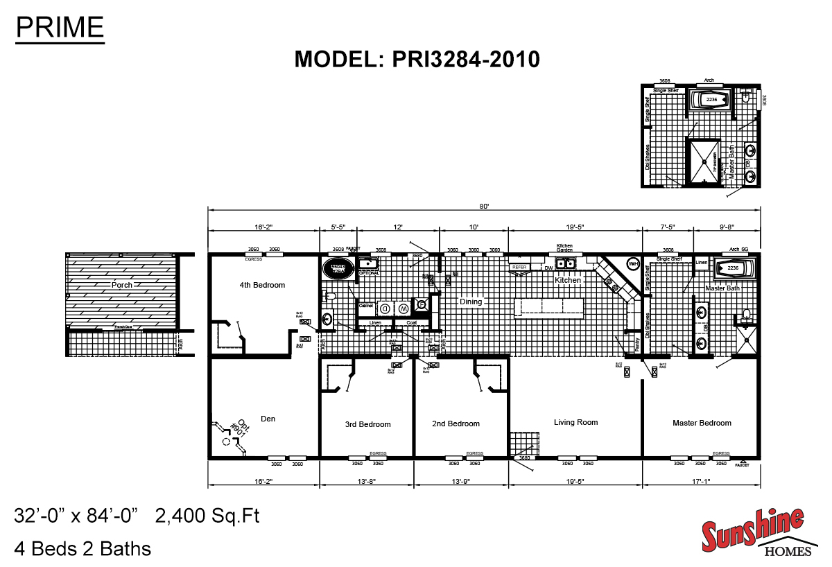Floor plan labeled "PRIME, Model: PRI3284-2010" by Sunshine Homes, shows a 4-bed, 2-bath layout with living room, kitchen, dining, den, and porch.