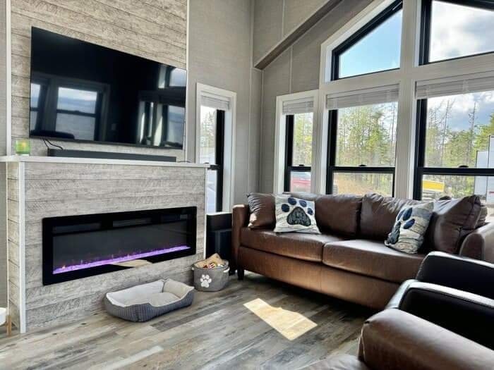 Cozy living room with brown leather sofas, paw-print pillows, and large windows. Mounted TV and modern fireplace create a warm ambiance.