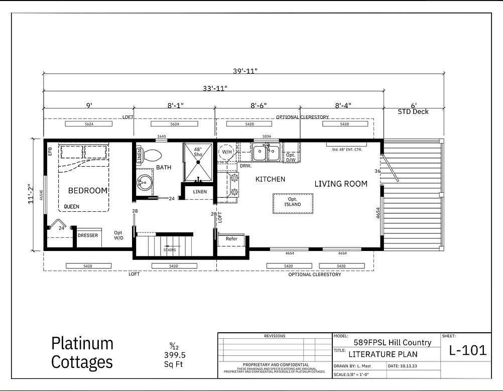 Floor plan of a compact cottage, 399.5 sq ft. Features a bedroom, bath, kitchen with island, living room, loft, and standard deck. Simple and functional layout.