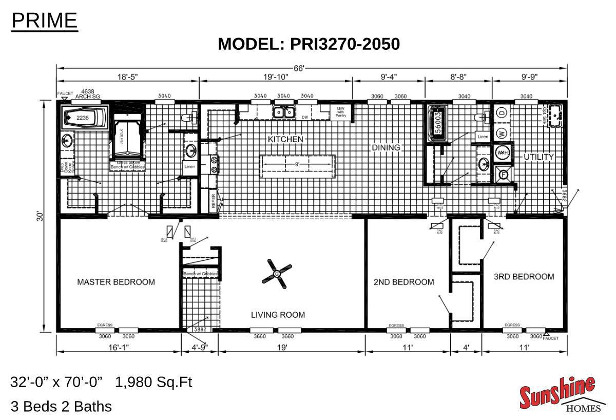 Floor plan of a 1,980 sq. ft. home featuring three bedrooms and two bathrooms. Includes labeled rooms: kitchen, dining, utility, and living room. Model: PRI3270-2050.