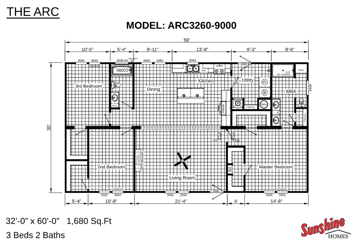 Floor plan of "The Arc" model ARC3260-9000 by Sunshine Homes. Layout includes three bedrooms, two bathrooms, a kitchen, dining, and living room.