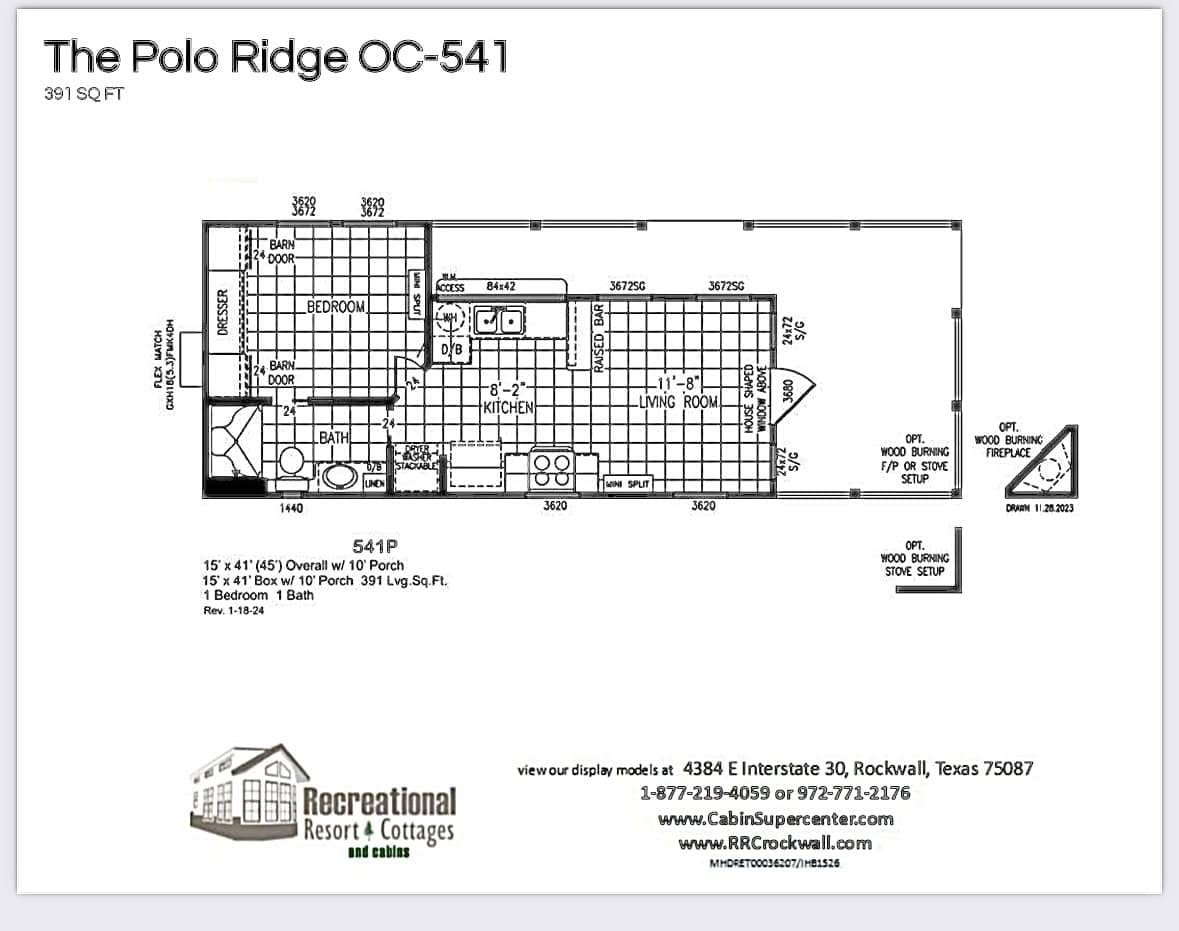 Floor plan of "The Polo Ridge OC-541," a 391 sq. ft. cabin. Includes a bedroom, bath, kitchen, and living room, with optional wood-burning stove.