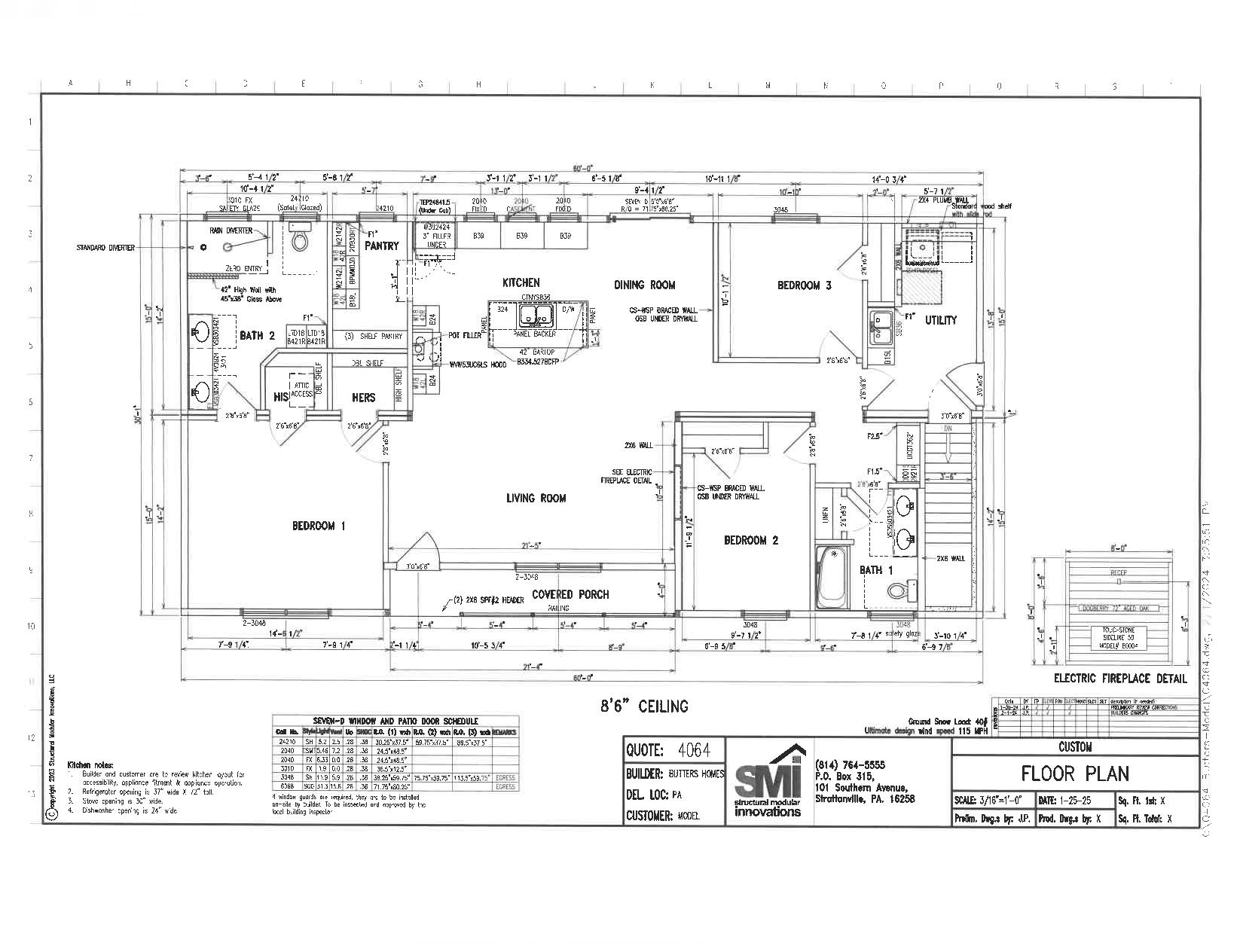 Floor plan of a house with three bedrooms, two bathrooms, kitchen, dining room, living room, utility room, covered porch. Labels and measurements included.