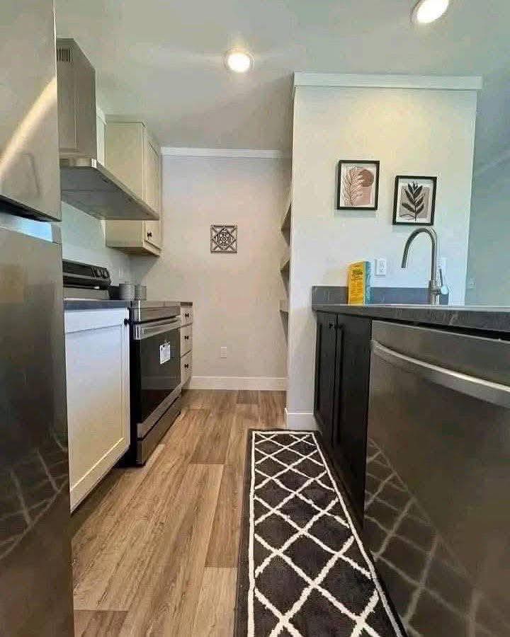 Modern kitchen with stainless steel appliances, dark wood cabinets, and a patterned rug on light wood flooring. Walls feature minimalistic art. Bright and sleek ambiance.