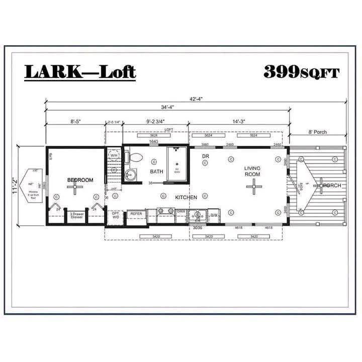 Floor plan titled "LARK Loft," 399 sq ft. Features a bedroom, bathroom, kitchen, and living room. Includes porch and dining area, compact design.