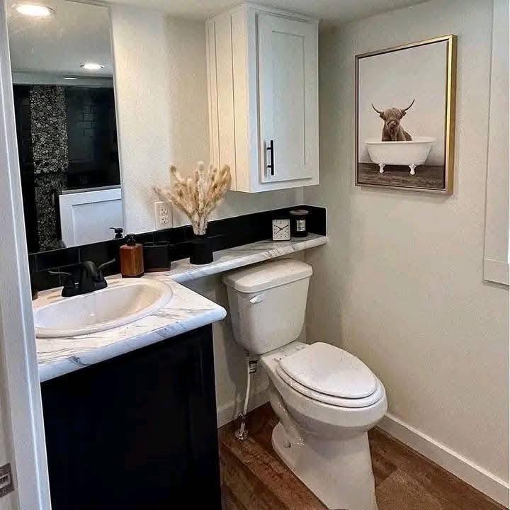 A small, modern bathroom with a white toilet, a sink with a black faucet, and a marble countertop. Decor includes dried flowers and a framed cow art piece.