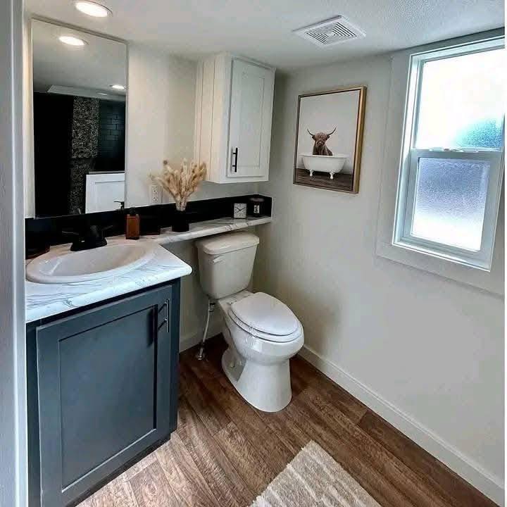 Modern bathroom with wooden floors, featuring a dark vanity, white sink, toilet, and playful cow artwork. A window lets in soft natural light.