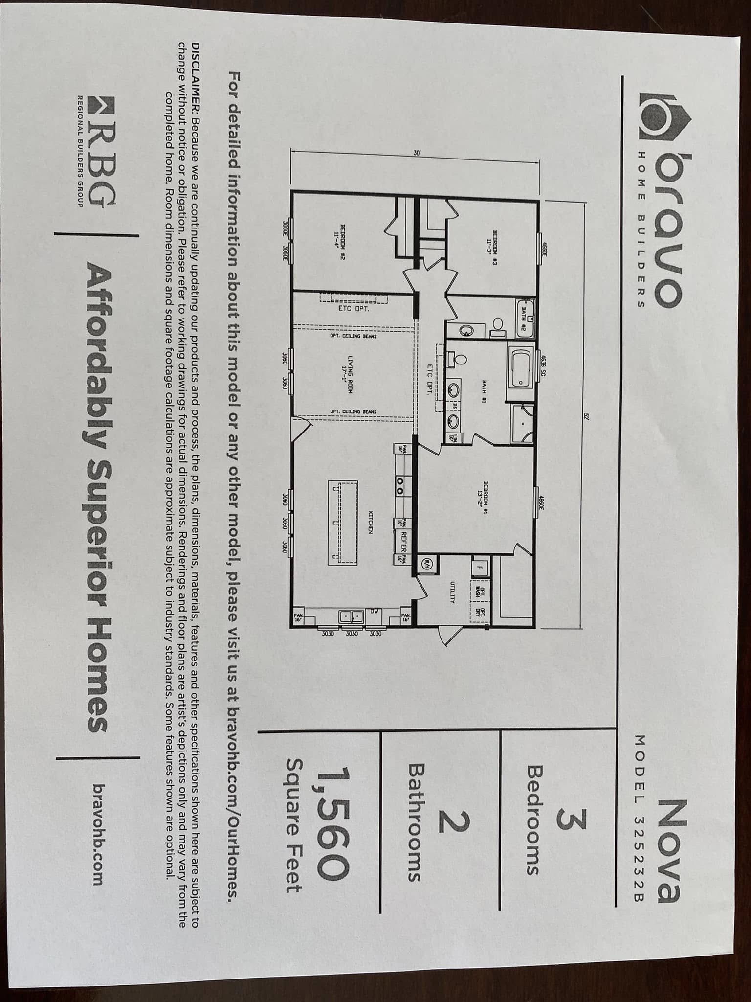 Floor plan for a 1,560 sq. ft. home by Bravo Home Builders. Features 3 bedrooms, 2 bathrooms, with detailed room layouts and dimensions. Text includes contact and model information.
