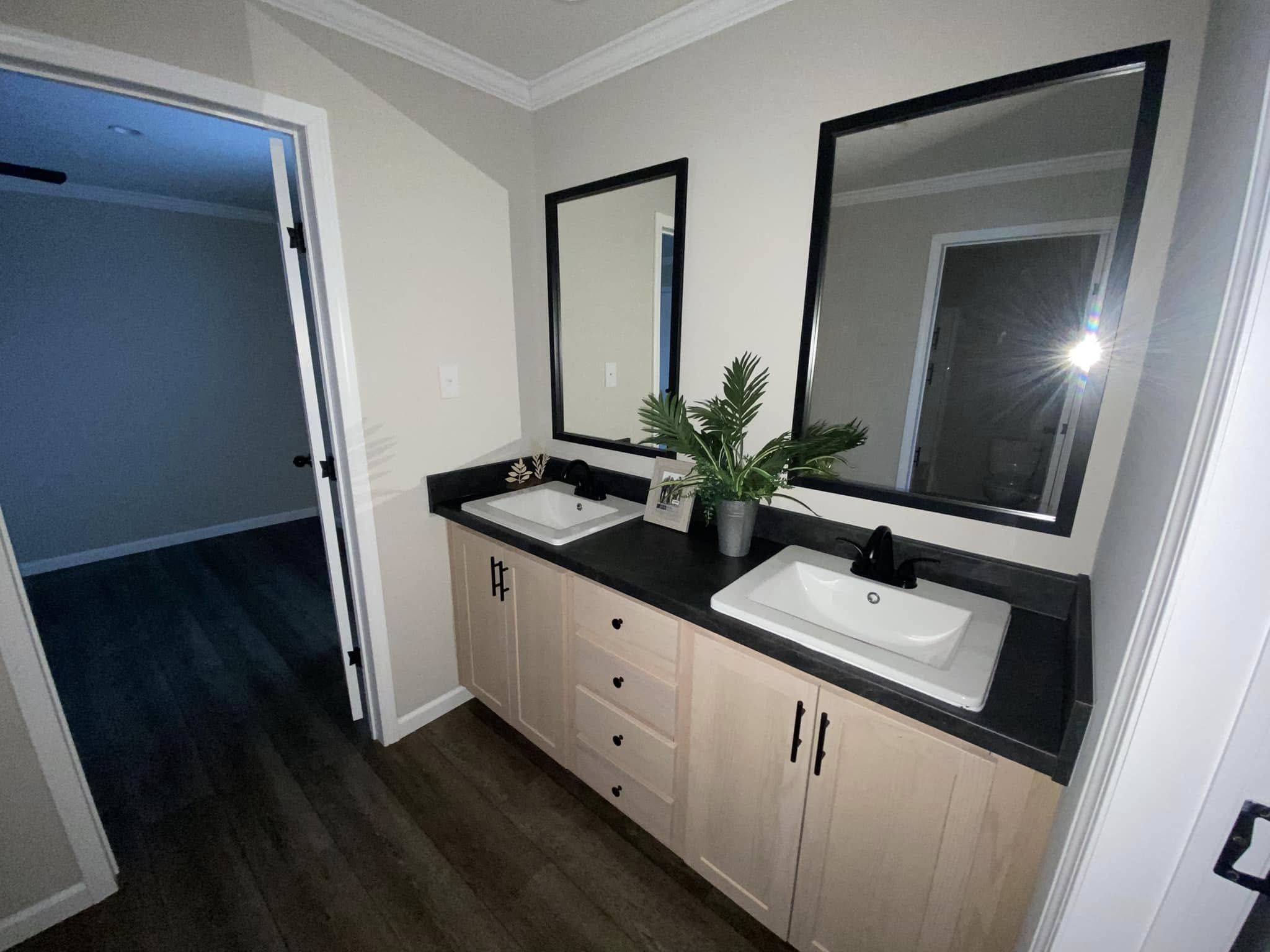 Modern bathroom with dual sinks on a black countertop, framed mirrors above. Light wood cabinets below, a potted plant adds a touch of greenery.