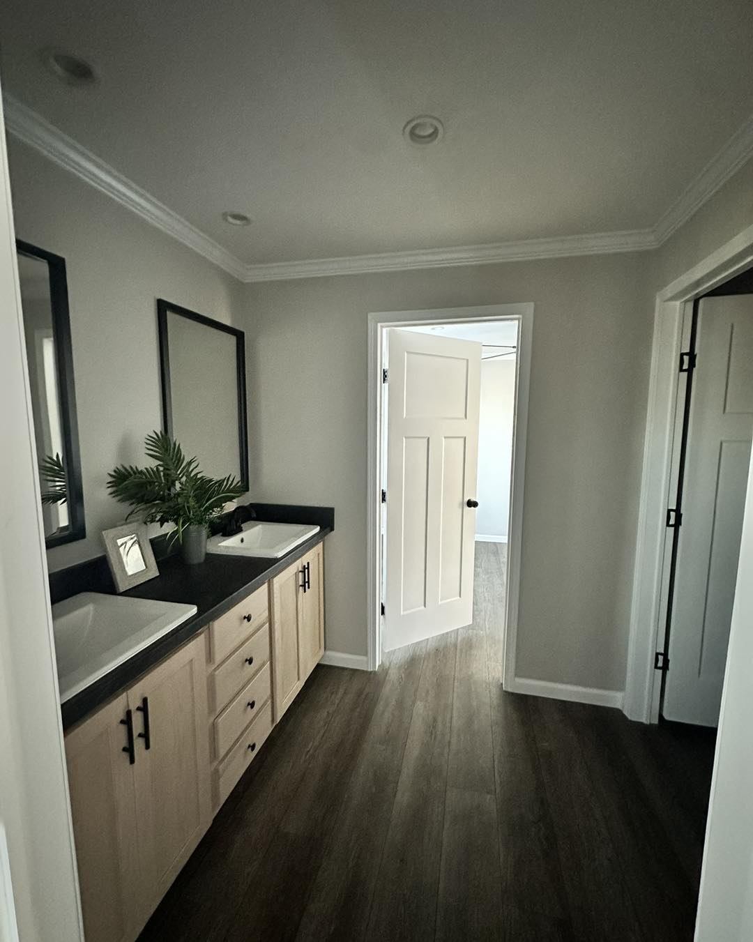 Modern bathroom with wood flooring, double vanity with black countertop and light wood cabinets. A framed mirror, green plant, and open white door enhance the space.