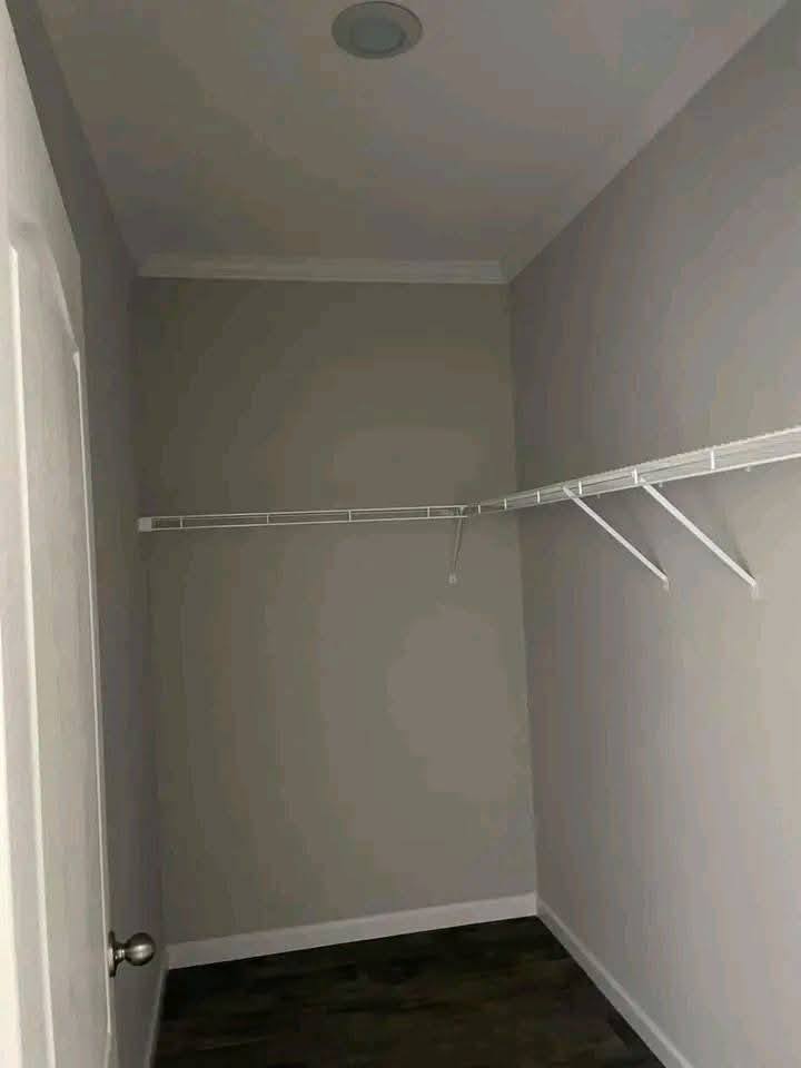 Empty walk-in closet with gray walls, dark floor, and white wire shelving. A ceiling light is visible, and a closed door with a metallic knob is on the left.