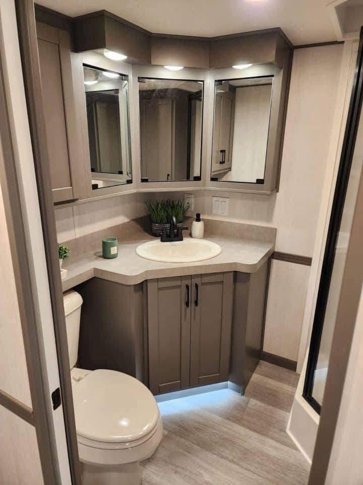 Modern bathroom with gray cabinets, a rounded sink, and mirrored cabinets. Soft lighting, a small plant, and toiletries create a cozy ambiance.