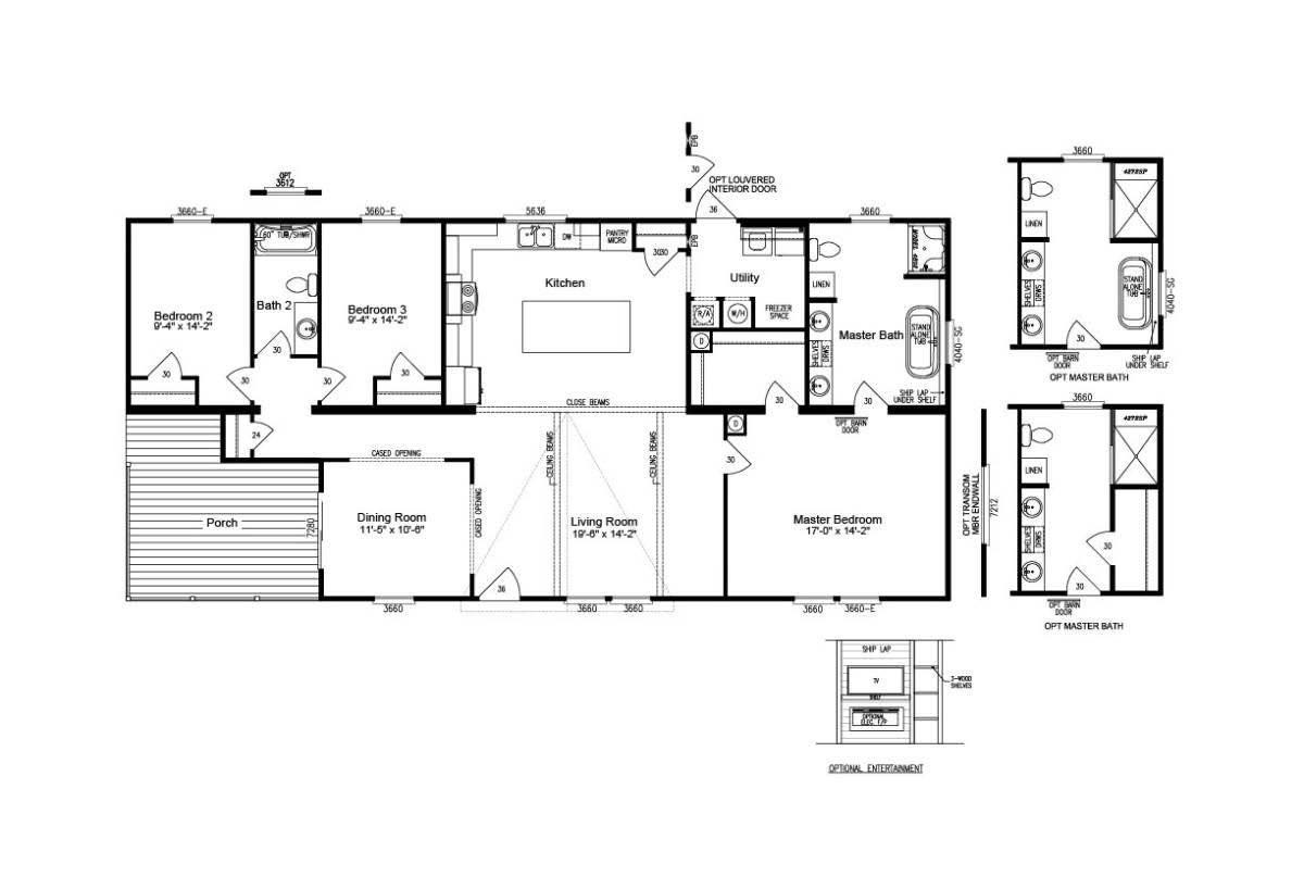 Floor plan of a single-story home featuring a porch, three bedrooms, two baths, a kitchen, dining, and living room, and a utility area.