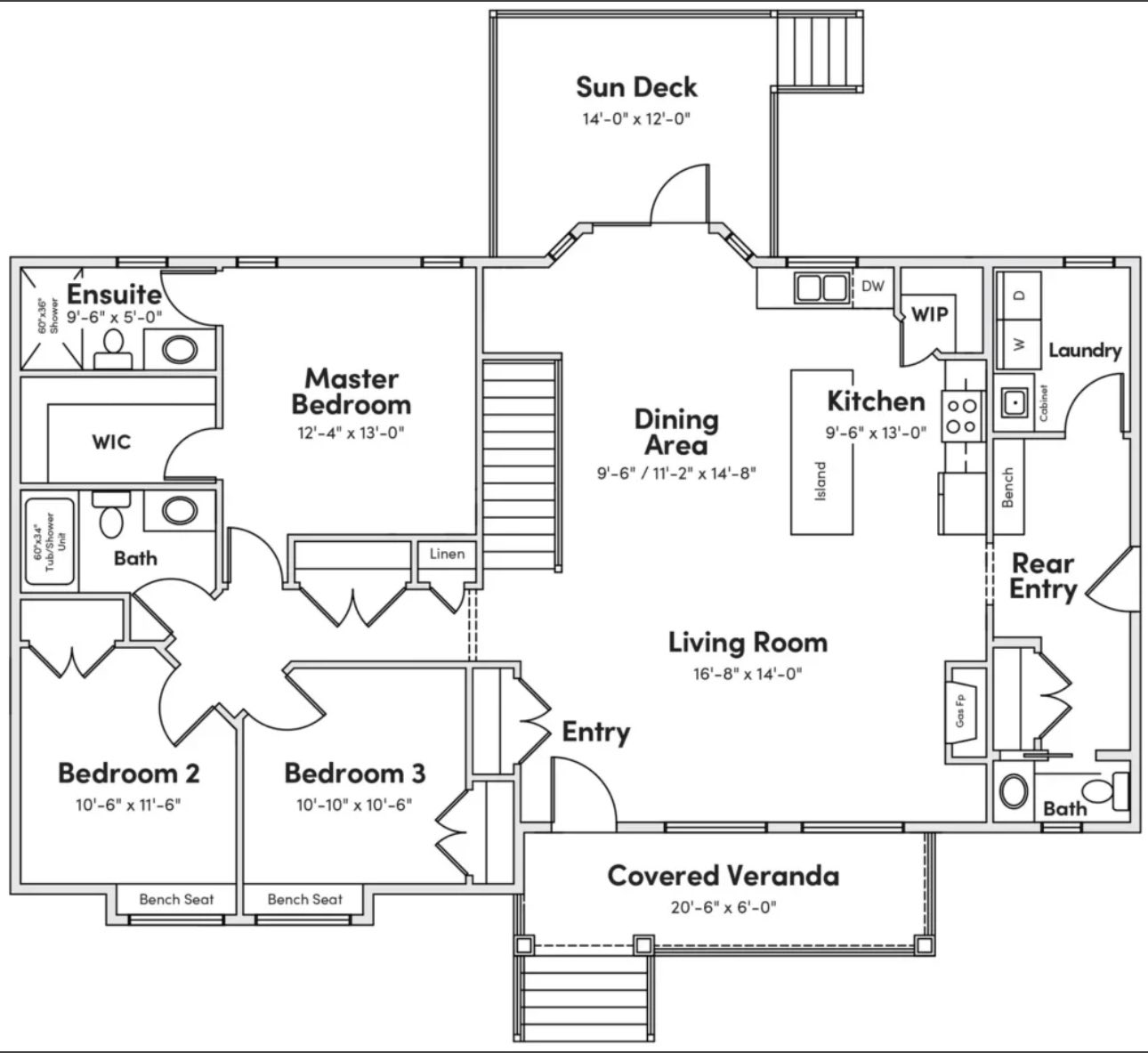 Floor plan showing a single-level home with three bedrooms, two baths, a living room, dining area, kitchen, sun deck, and covered veranda.