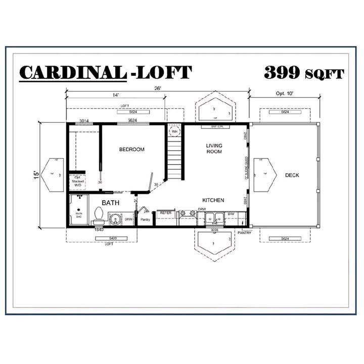 Floor plan labeled "Cardinal Loft," measuring 399 square feet. Features include a bedroom, bath, kitchen, living room, and deck. Simple, functional layout.