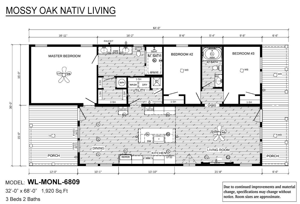 Floor plan of a house labeled "Mossy Oak Nativ Living," featuring three bedrooms, two bathrooms, a living room, kitchen, dining area, utility room, and two porches.