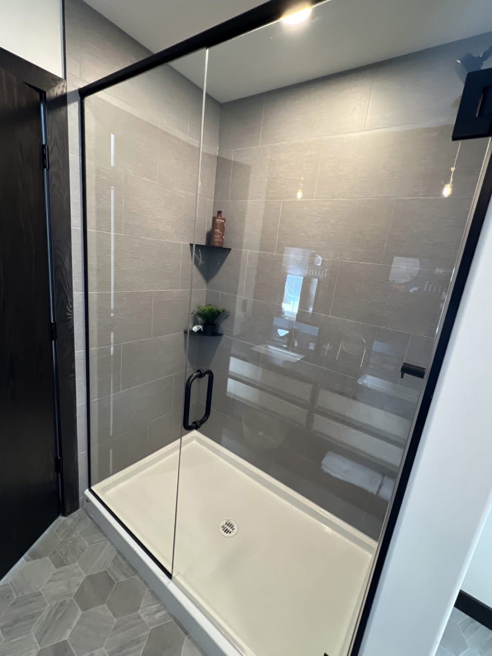 Modern shower with glass door, gray tile walls, and black fixtures. Shelves hold a bottle and plant, and the floor has a geometric tile pattern.