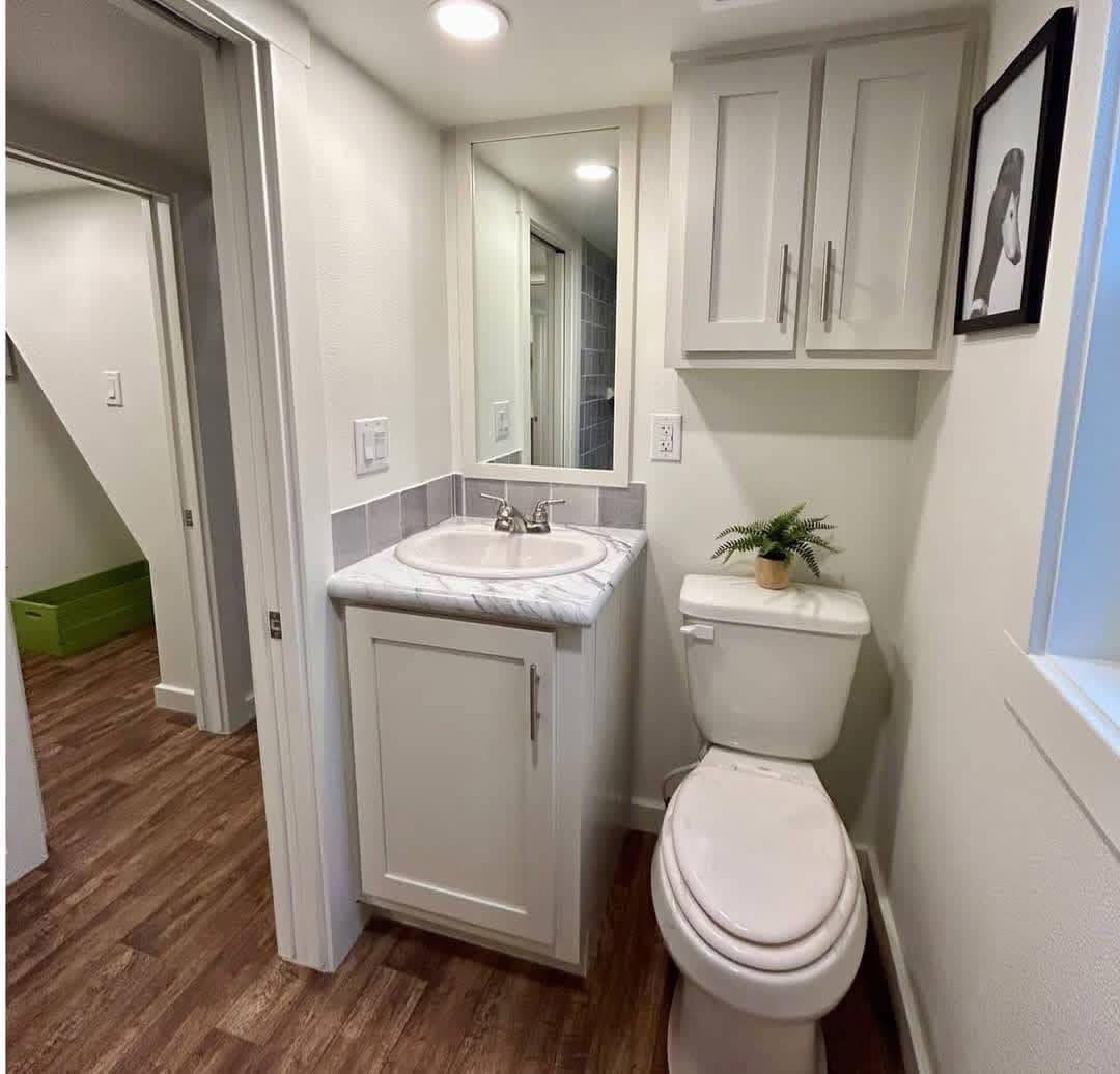 Compact bathroom with wooden floor, featuring a white vanity with a sink and mirror. A toilet with a small plant is beside it, beneath wall cabinets.