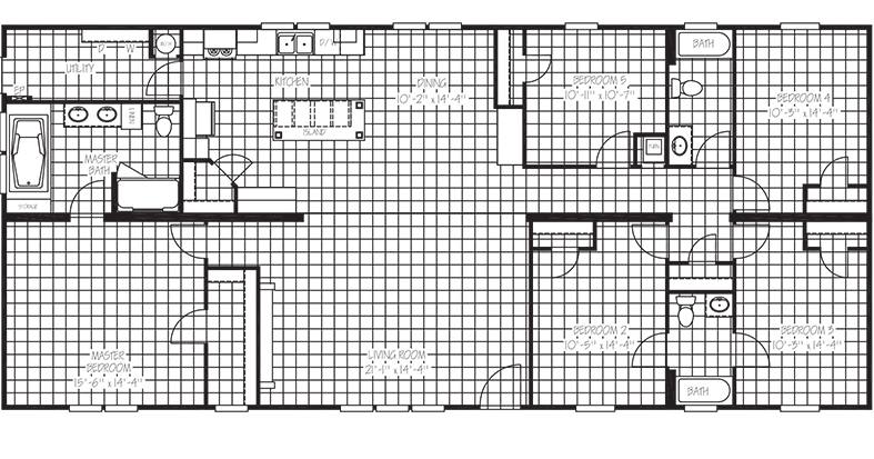 Floor plan of a rectangular house featuring a master bedroom with en-suite bath, living room, kitchen, dining area, utility room, and four additional bedrooms with shared baths.