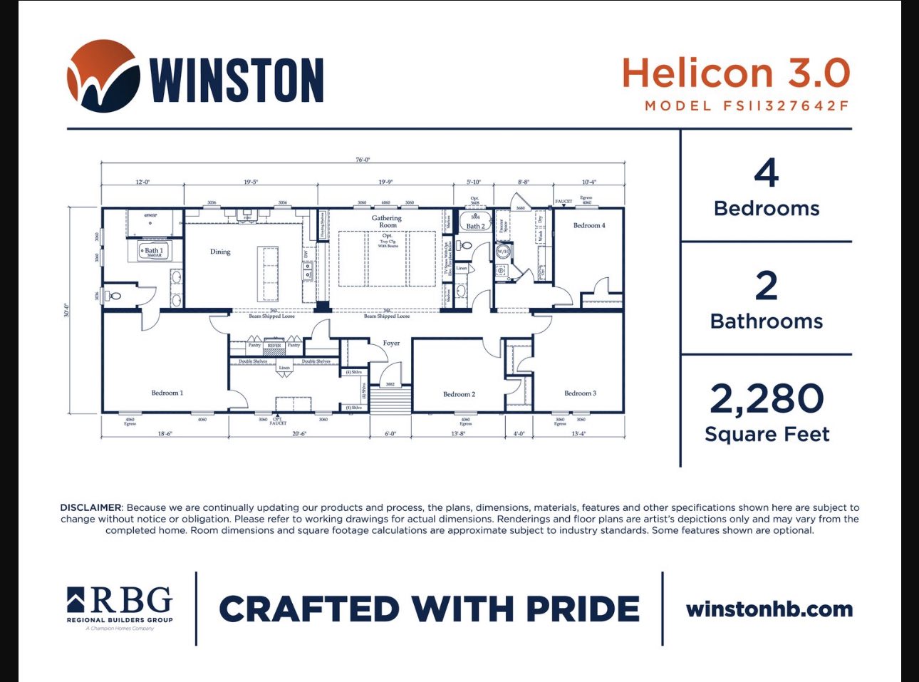 Floor plan titled "Helicon 3.0" by Winston, featuring a layout with 4 bedrooms, 2 bathrooms, and a gathering room. Total area: 2,280 sq ft.