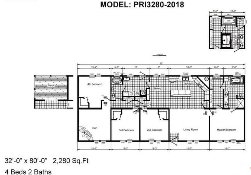 Floor plan of a house model PRI3280-2018, featuring 4 bedrooms, 2 baths, a kitchen, dining area, living room, den, and porch. Total: 2,280 sq. ft.