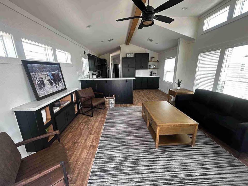 Modern living room with wooden flooring, striped rug, dark sofas, and a painting on the wall. Open kitchen features dark cabinets, creating a cozy vibe.
