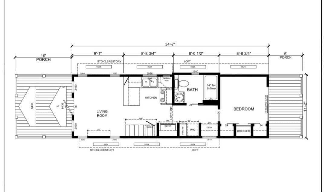 Floor plan of a small home, featuring a living room, kitchen, bathroom, and bedroom. It includes two porches on either end, and loft spaces.