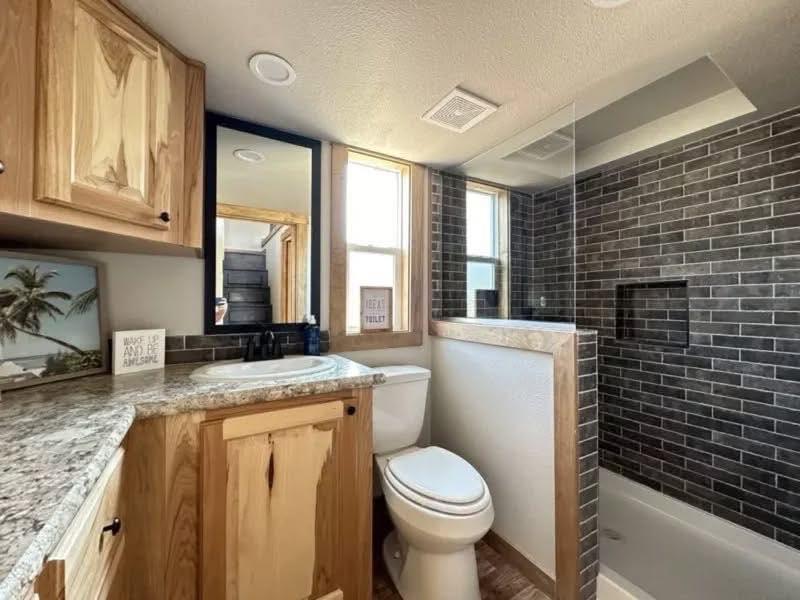 Cozy bathroom with wooden cabinets, granite countertop, and a white toilet. Black-tiled shower to the right, natural light from a window, and art decor.