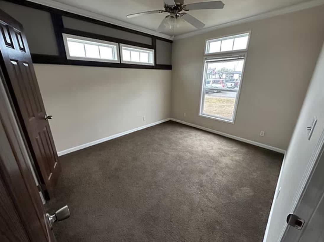 Empty room with beige walls and brown carpet, featuring a ceiling fan and two windows. Natural light creates a bright, open atmosphere.