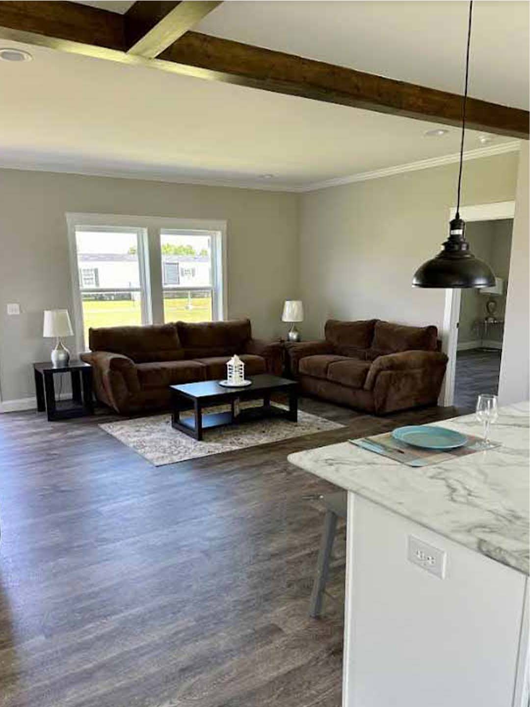 Modern living room with two brown sofas, a coffee table on a rug, and two lamps. View from a kitchen counter with plates. Large windows, light walls.