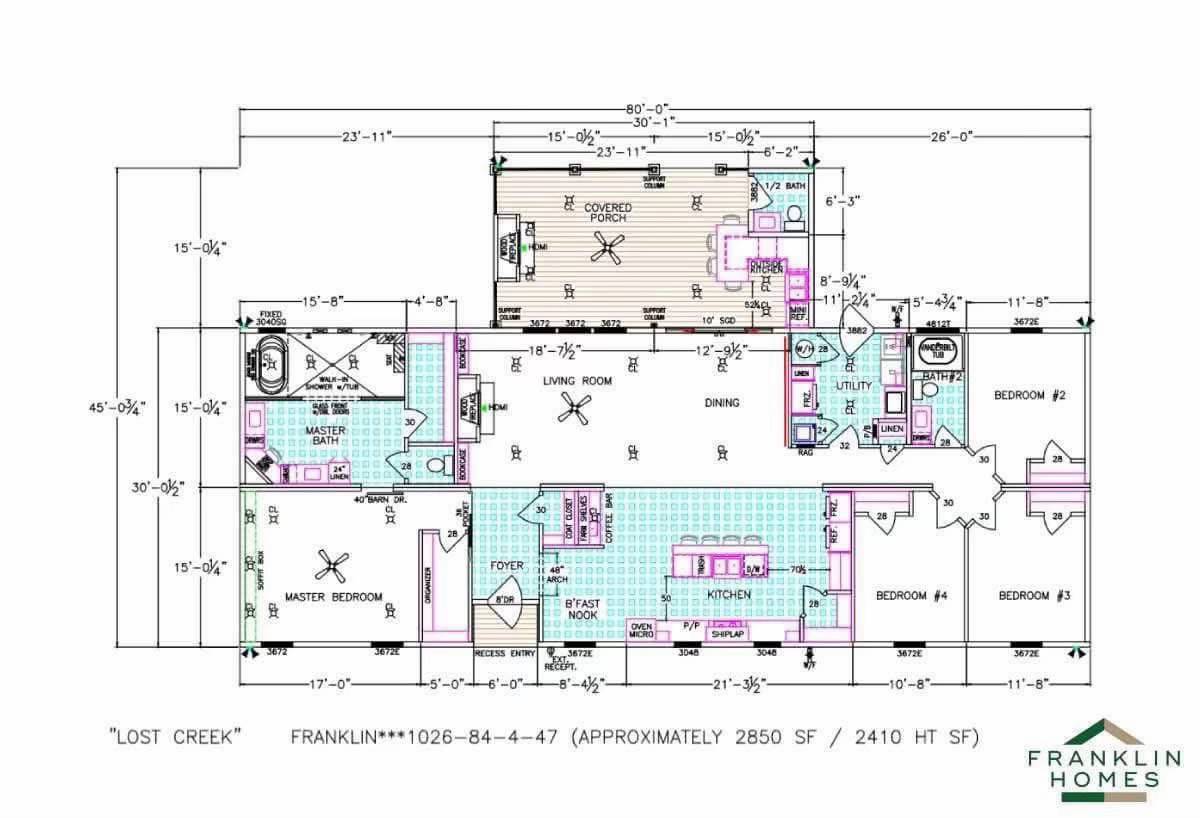 Floor plan of a house labeled "Lost Creek," showing a layout with a master bedroom and bath, living and dining areas, kitchen, three additional bedrooms, and a covered porch.