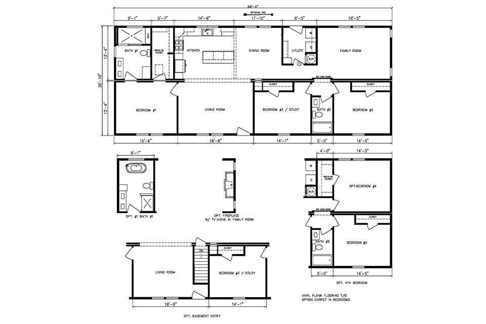 Floor plan of a house includes three bedrooms, living room, kitchen, family room, and dining area. Optional features are fireplace and basement entry.