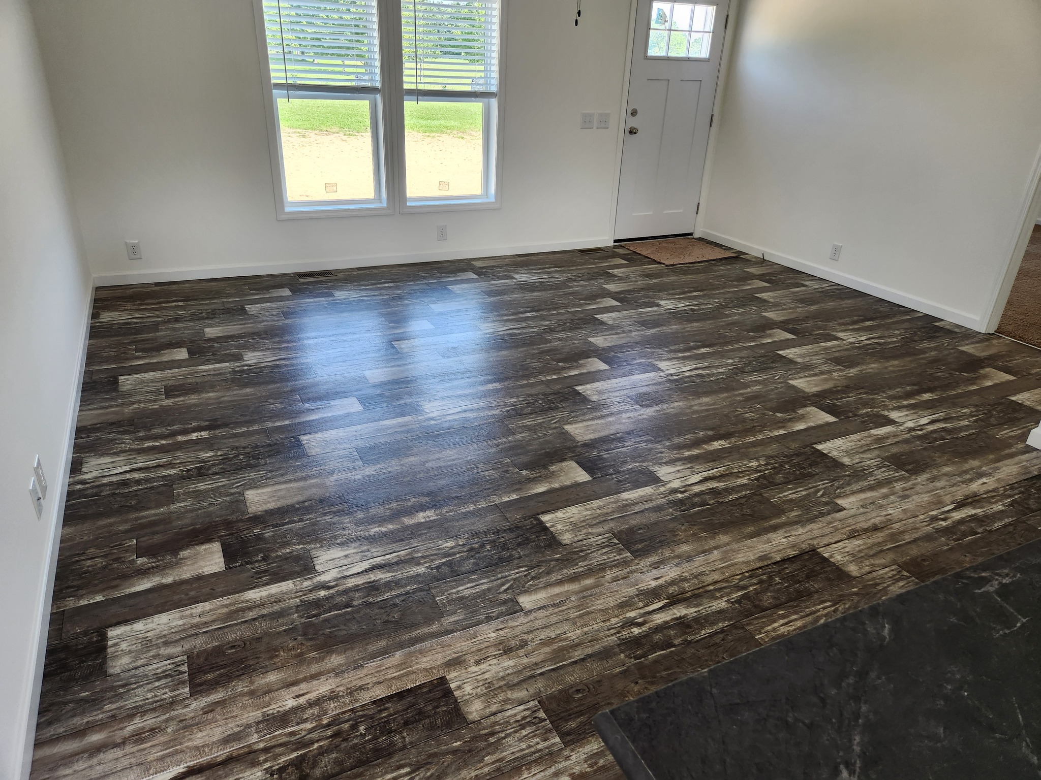 Spacious room with dark wood-patterned laminate flooring, two large windows on the left letting in natural light, and a white door in the background.