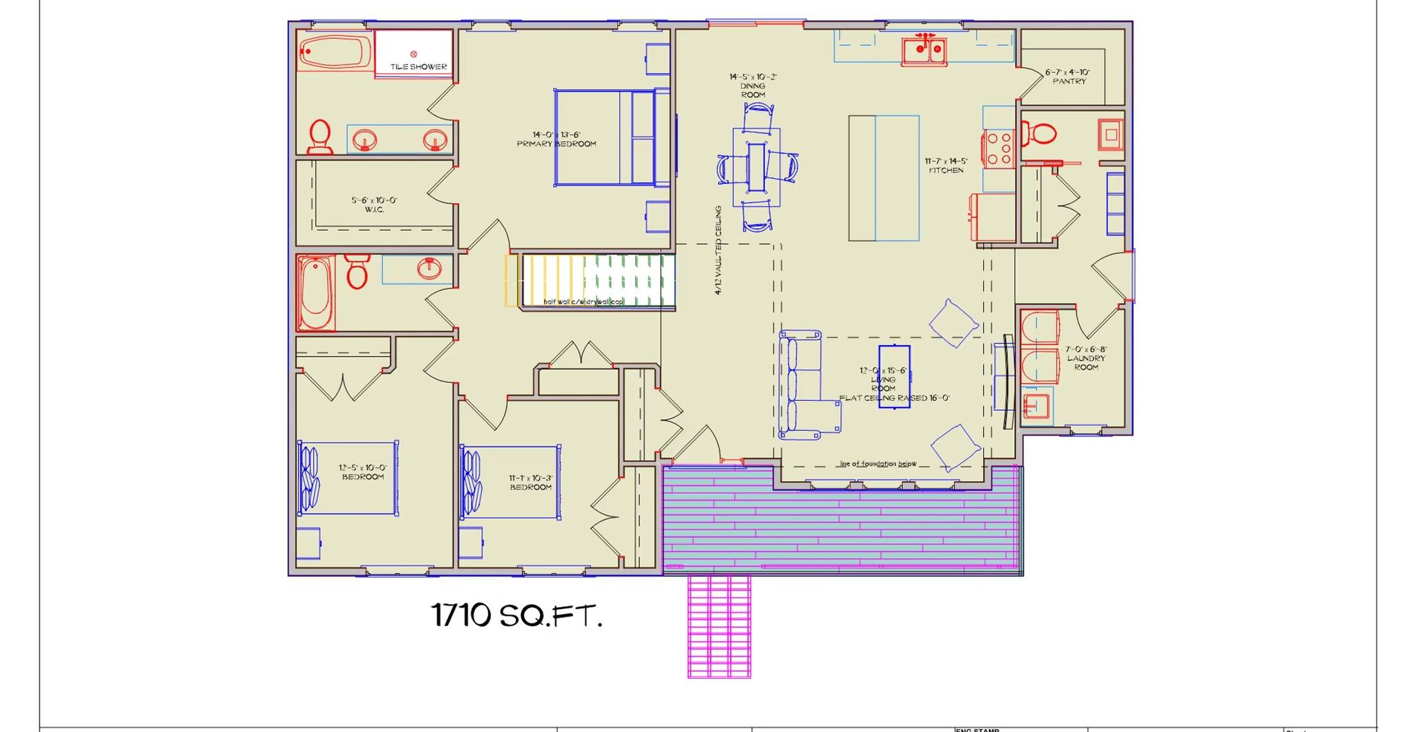 Floor plan of a 1710 sq. ft. home, featuring multiple bedrooms, bathrooms, a kitchen, dining, and living area. Clear layout with labeled rooms.