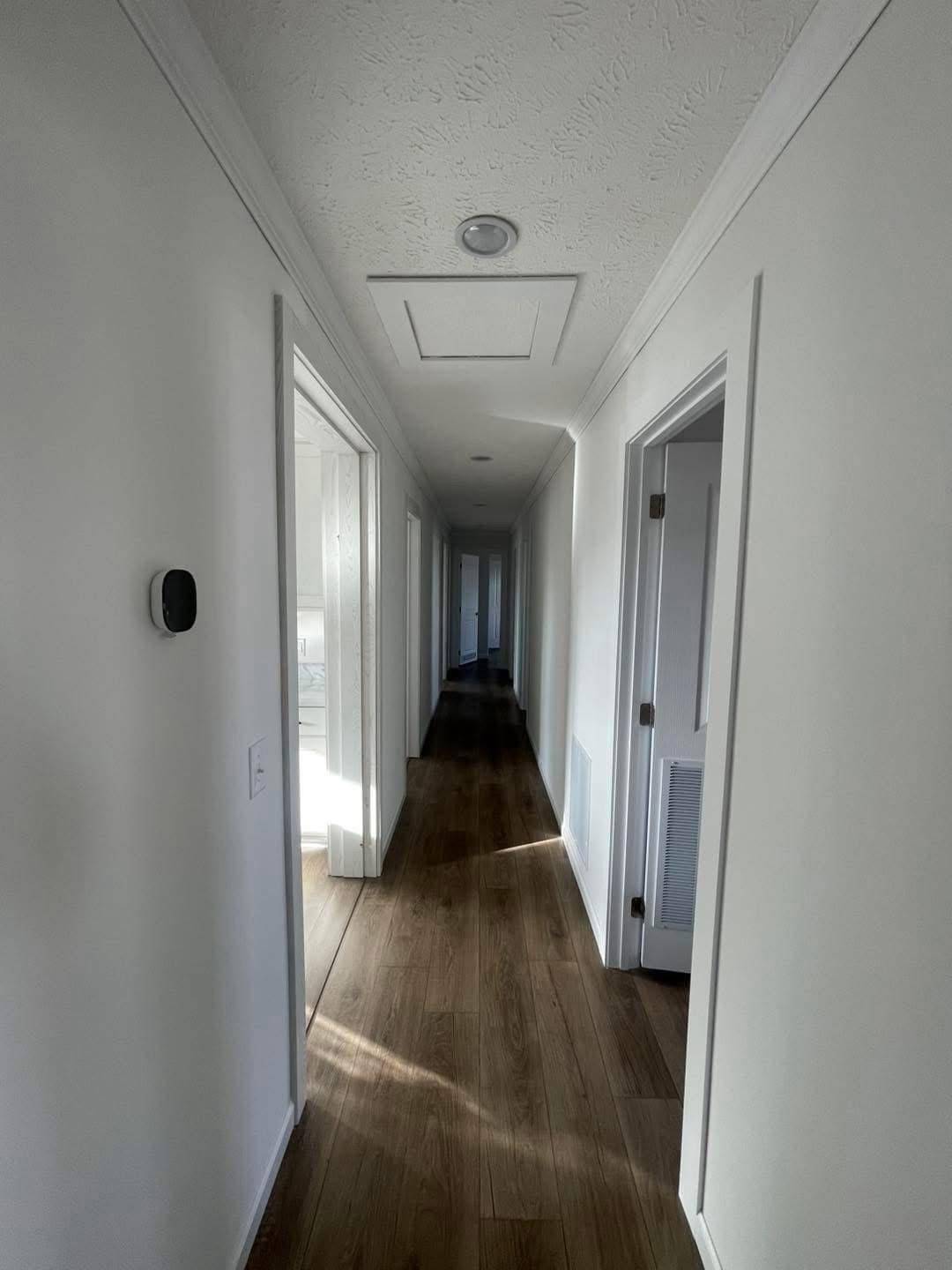 A long, narrow hallway with wood flooring and white walls, leading to distant doors. Sunlight filters in, casting soft shadows, creating a calm mood.