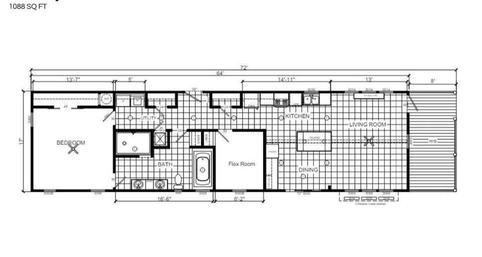 Floor plan of a 1088 sq ft space featuring a bedroom, bathroom, flexible room, kitchen, dining area, living room, and deck. Clearly labeled rooms.
