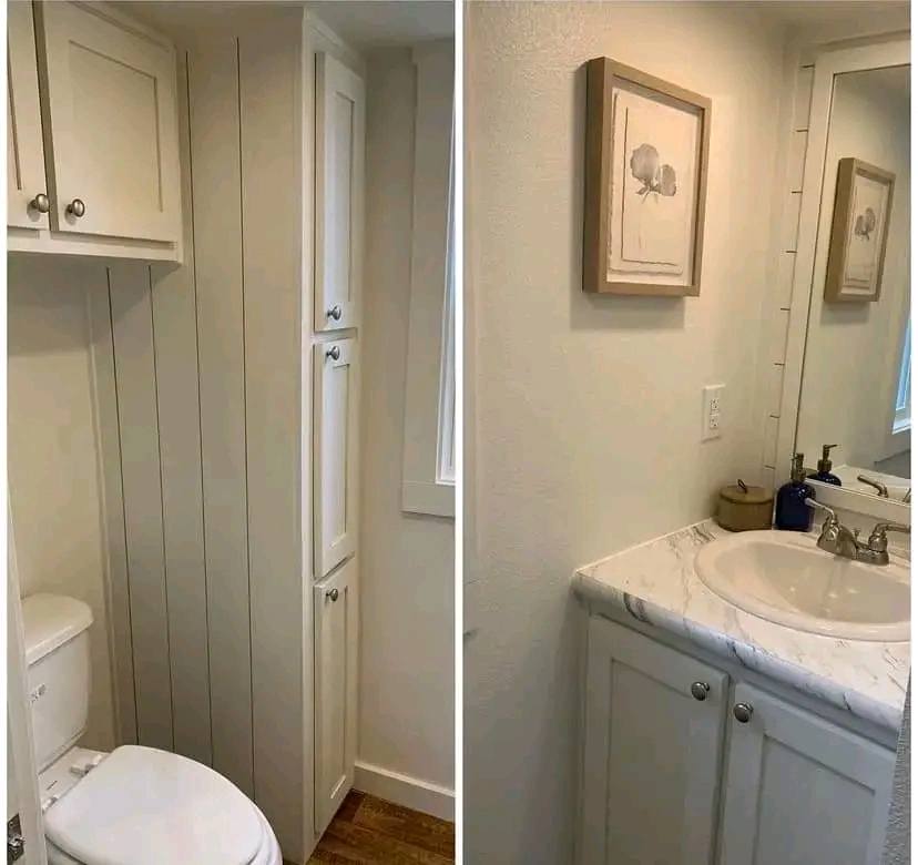 A small bathroom featuring a white toilet beside tall, vertical cabinets. Opposite, a sink with a marble countertop and a framed flower art piece above.