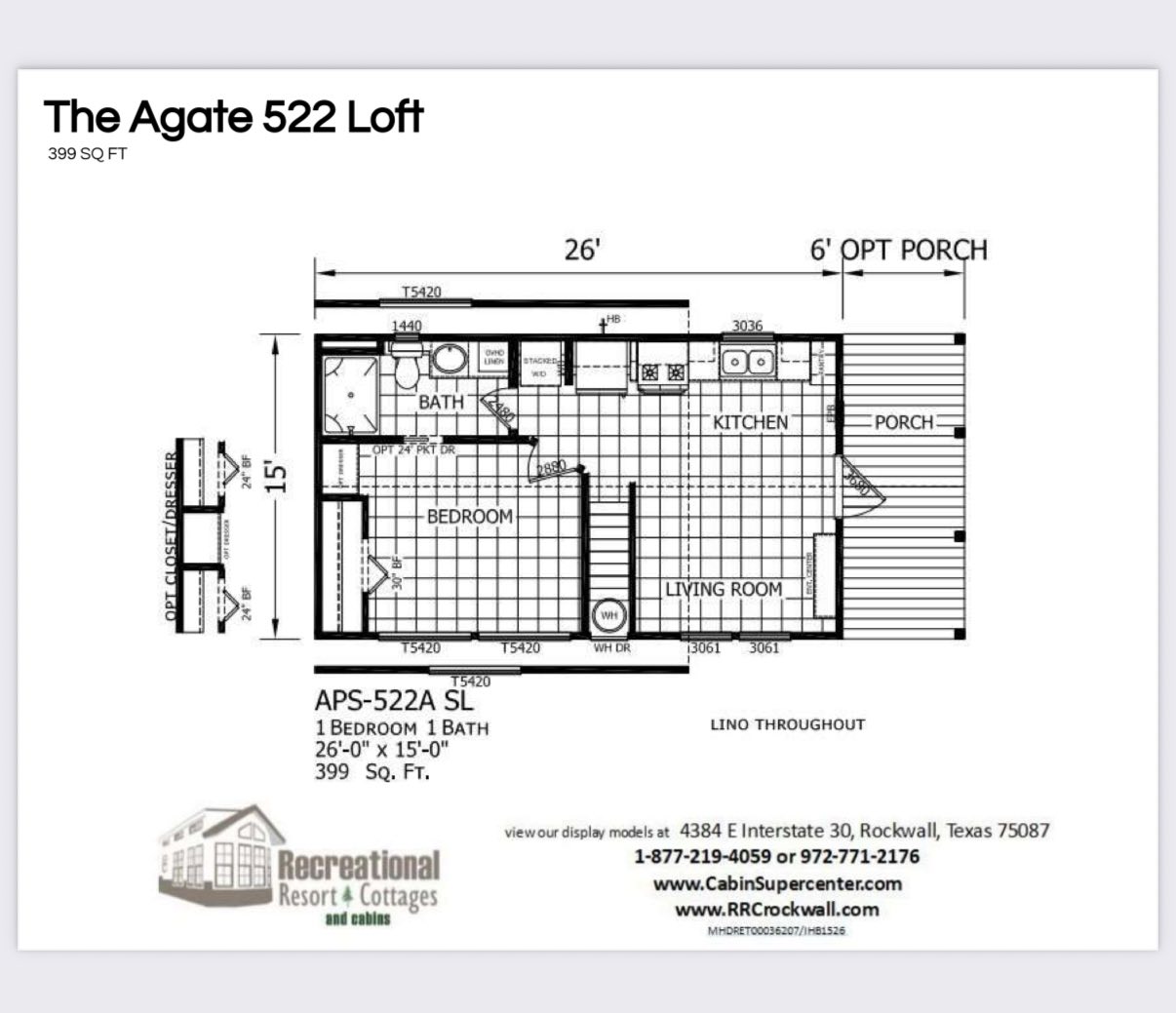 Floor plan of "The Agate 522 Loft," 399 sq ft. Includes bedroom, bathroom, kitchen, living room, and optional porch. Dimensions 26' x 15'.