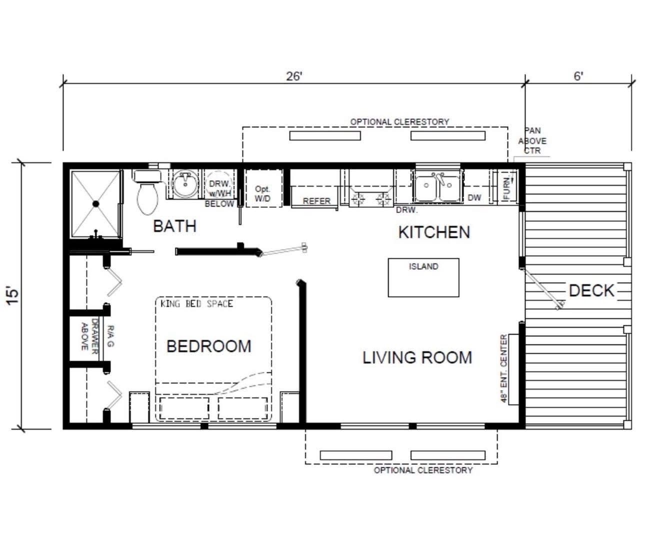 Floor plan of a compact home featuring a bedroom, bathroom, kitchen with an island, and a living room. A deck extends from the living area.