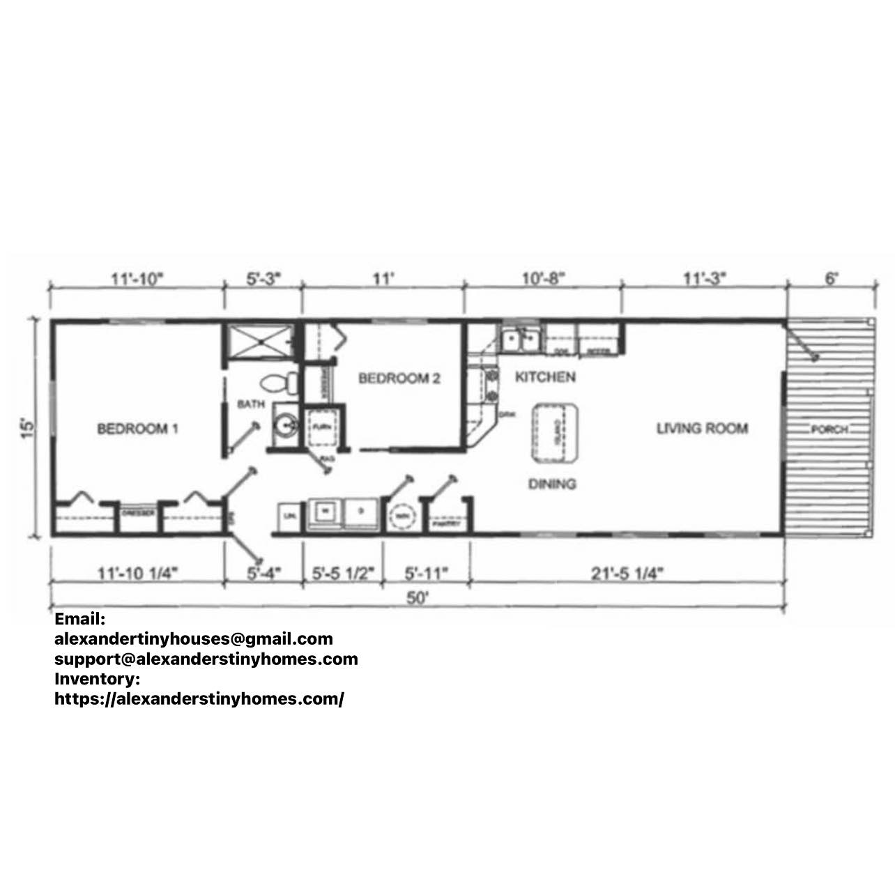 Floor plan for a tiny home, showing two bedrooms, a bathroom, and a combined kitchen, dining, and living area. Includes dimensions and contact details.